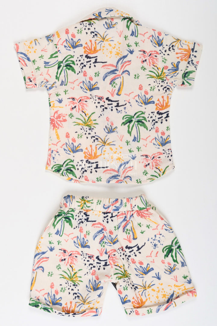 The Nesavu Boys Casual Set Boys Muslin Cotton Casual Attire Set with Colorful Printed Shirt and Matching Shorts Nesavu Boys Casual Attire Set Muslin Cotton Colorful Nature Print Shirt Shorts | The Nesavu