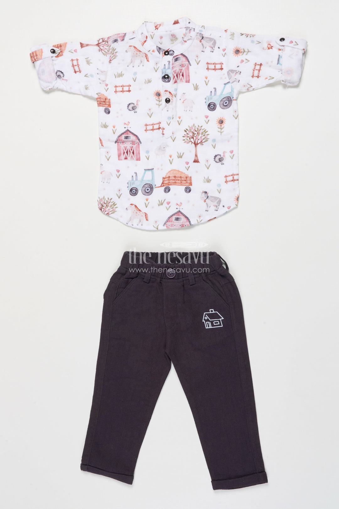 The Nesavu Boys Casual Set Boys Muslin Cotton Casual Set for Outings and Festive Gatherings Nesavu 16 (1Y) / Half white BCS340A-16 Nesavu boys muslin cotton casual set digital print outings festive occasions