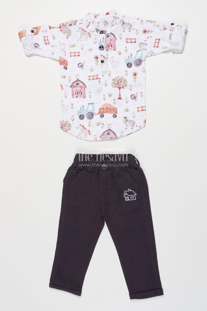 The Nesavu Boys Casual Set Boys Muslin Cotton Casual Set for Outings and Festive Gatherings Nesavu 16 (1Y) / Half white BCS340A-16 Nesavu boys muslin cotton casual set digital print outings festive occasions