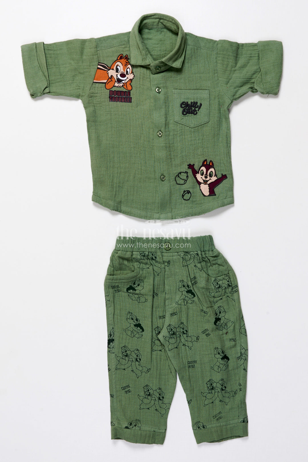 The Nesavu Boys Casual Set Boys Muslin Cotton Outfit Set with Cartoon Prints for Fun-Filled Days Nesavu Nesavu boys muslin cotton outfit set cartoon print toddlers fun days playful wear