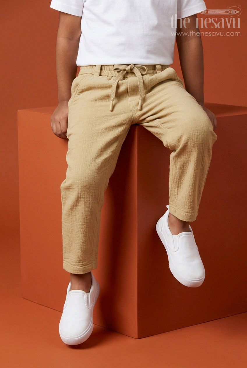 The Nesavu Boys Pant Boys Muslin Cotton Pants for Everyday Movement and Comfort Nesavu 16 (1Y) / Beige / Muslin Cotton BWP032F-16 Nesavu boys muslin cotton pants for everyday comfort breathable kids drawstring casual pants