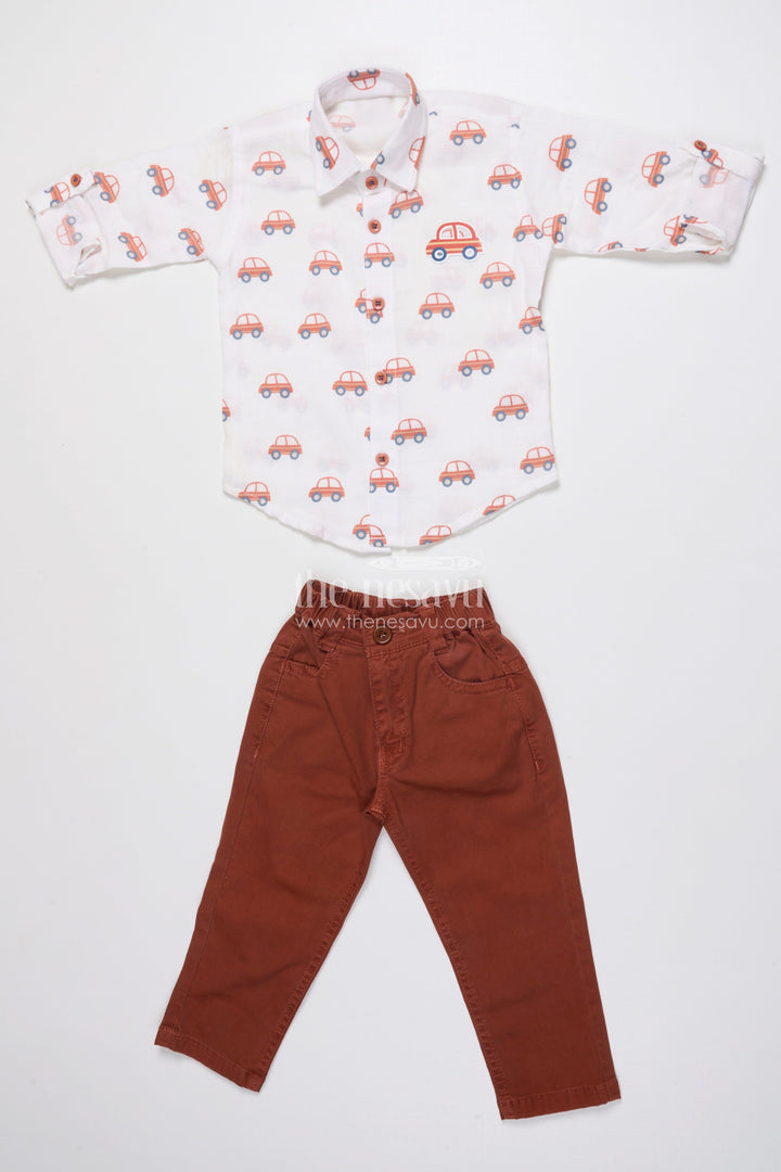 The Nesavu Boys Casual Set Boys Muslin Cotton Set with Vibrant Vehicle Print Shirt and Solid Pants Nesavu 14 (6M) / Peach BCS491B-14 Nesavu boys muslin cotton set printed shirt contrasting pants
