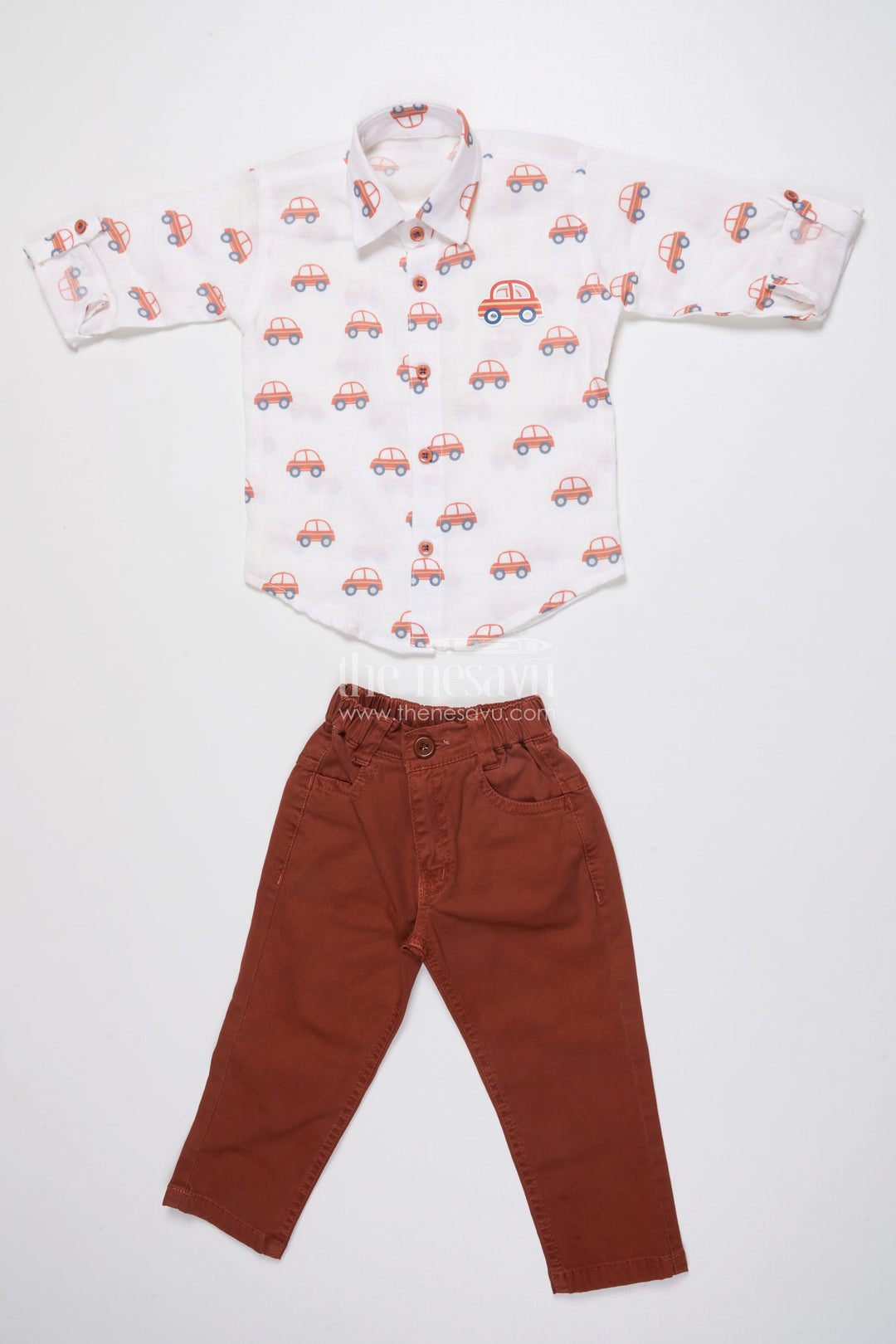 The Nesavu Boys Casual Set Boys Muslin Cotton Set with Vibrant Vehicle Print Shirt and Solid Pants Nesavu Nesavu boys muslin cotton set printed shirt contrasting pants