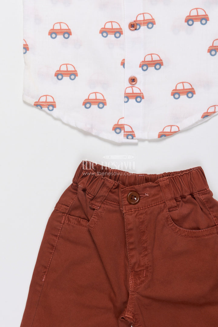 The Nesavu Boys Casual Set Boys Muslin Cotton Set with Vibrant Vehicle Print Shirt and Solid Pants Nesavu Nesavu boys muslin cotton set printed shirt contrasting pants