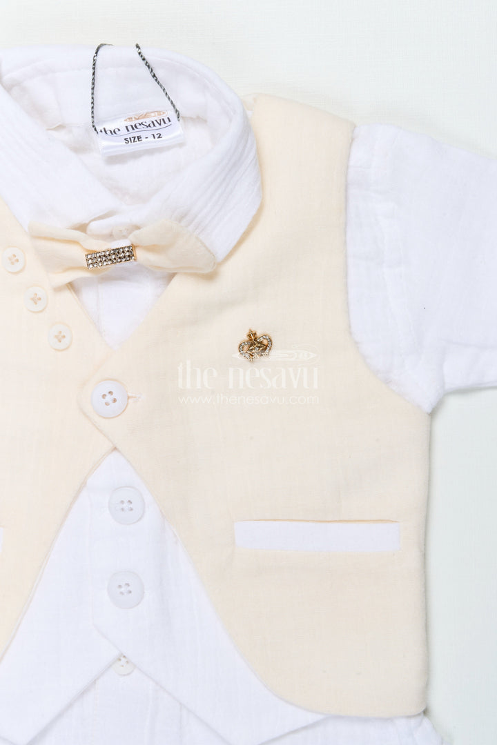 The Nesavu Boys Casual Set Boys Muslin Cotton Waistcoat Set for Weddings and Birthdays Nesavu Nesavu boys waistcoat set in muslin cotton with bow tie for festive weddings and birthdays