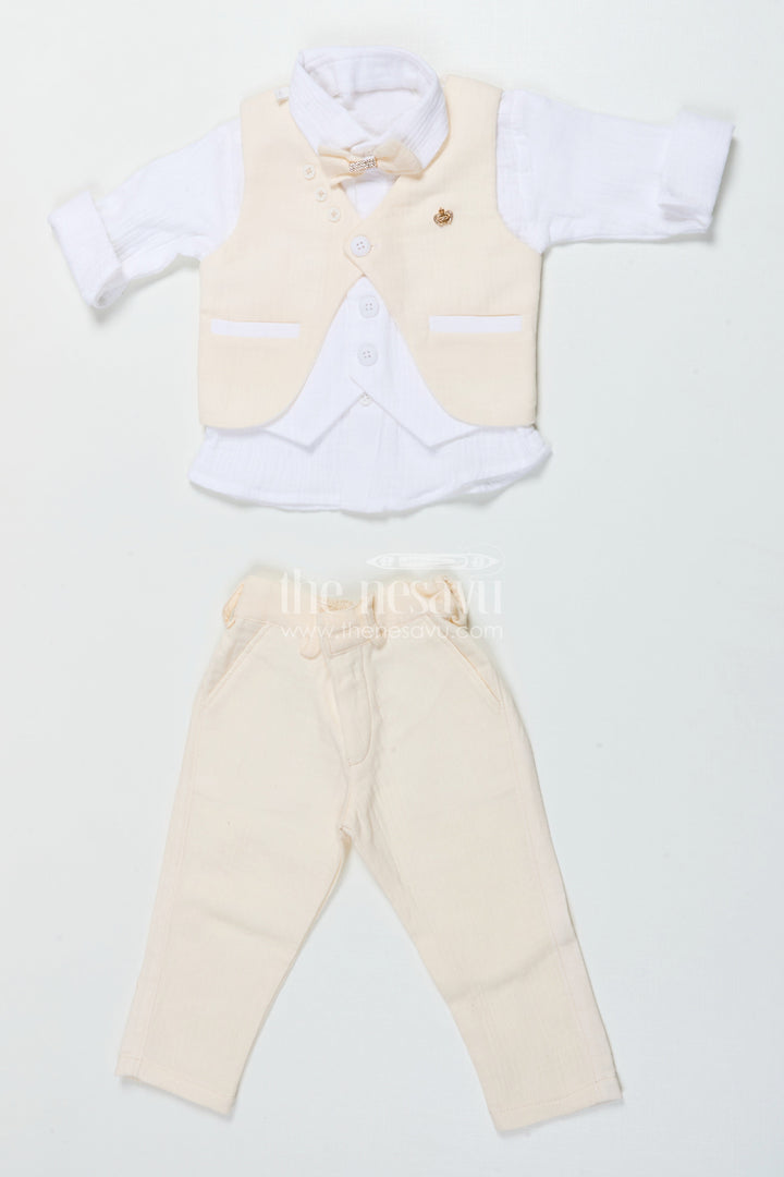 The Nesavu Boys Casual Set Boys Muslin Cotton Waistcoat Set for Weddings and Birthdays Nesavu Nesavu boys waistcoat set in muslin cotton with bow tie for festive weddings and birthdays