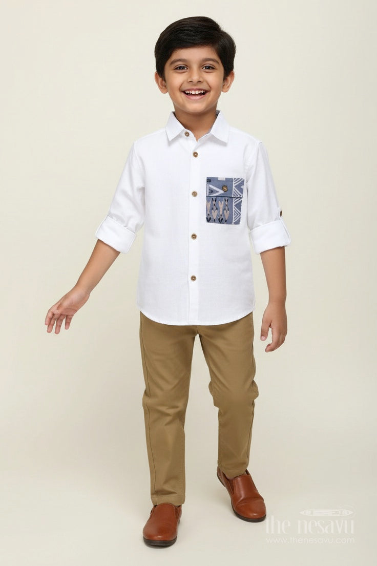 The Nesavu Boys Casual Set Boys Muslin Cotton White Shirt and Beige Pants Set Nesavu 14 (6M) / White BCS364A-14 Nesavu Boys Muslin Cotton White Shirt Beige Pant Set Festive Casual Events