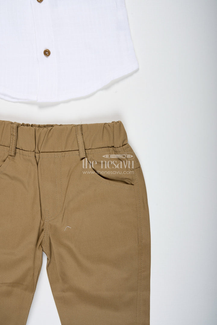 The Nesavu Boys Casual Set Boys Muslin Cotton White Shirt and Beige Pants Set Nesavu Nesavu Boys Muslin Cotton White Shirt Beige Pant Set Festive Casual Events
