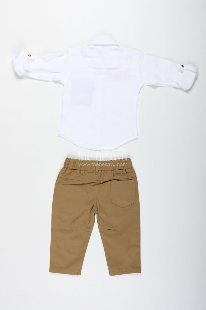 The Nesavu Boys Casual Set Boys Muslin Cotton White Shirt and Beige Pants Set Nesavu Nesavu Boys Muslin Cotton White Shirt Beige Pant Set Festive Casual Events