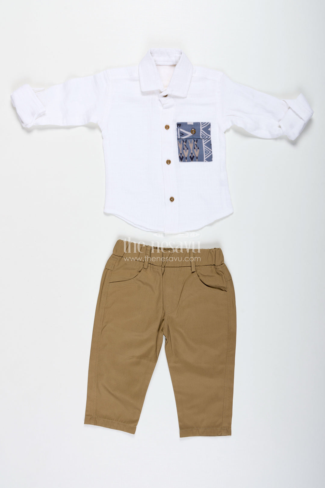 The Nesavu Boys Casual Set Boys Muslin Cotton White Shirt and Beige Pants Set Nesavu Nesavu Boys Muslin Cotton White Shirt Beige Pant Set Festive Casual Events