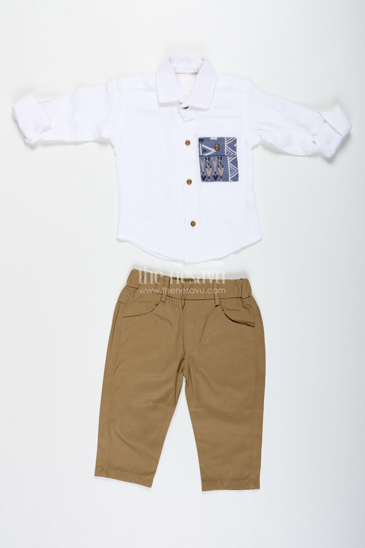 The Nesavu Boys Casual Set Boys Muslin Cotton White Shirt and Beige Pants Set Nesavu Nesavu Boys Muslin Cotton White Shirt Beige Pant Set Festive Casual Events
