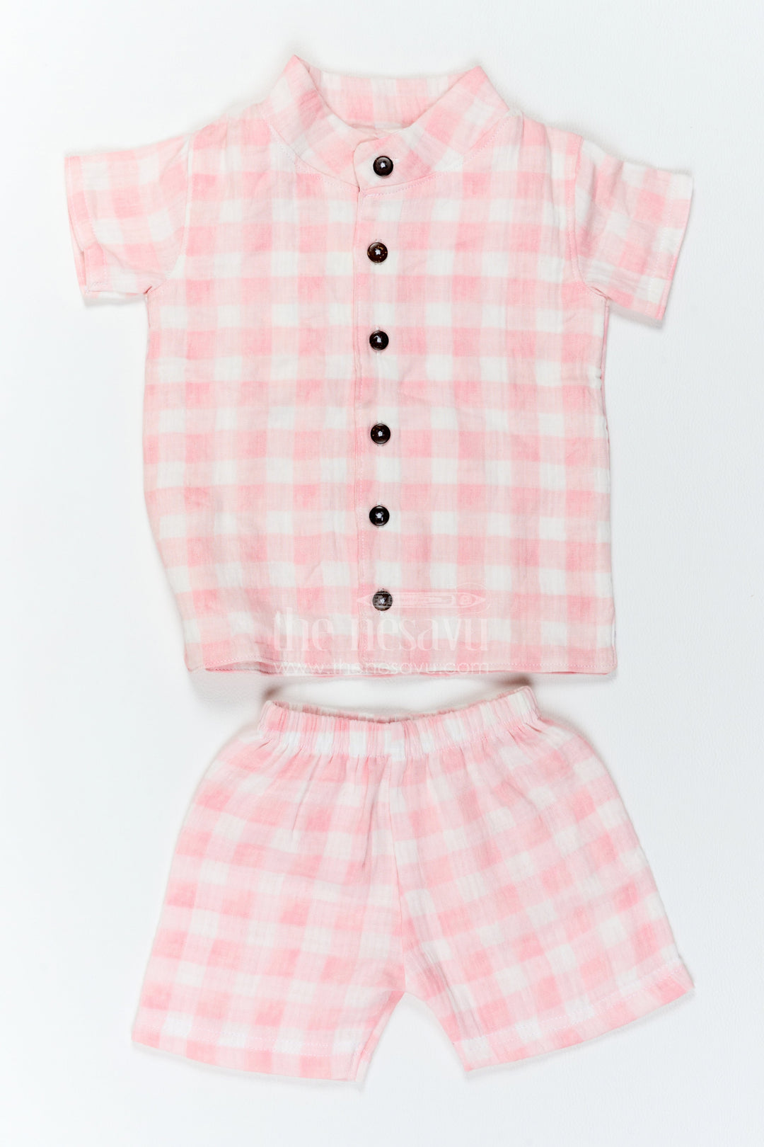 The Nesavu Boys Casual Set Boys Muslin Shirt and Shorts Set for Summer Outings and Playdates Nesavu 10 (NB) / Pink / Muslin BCS617A-10 Nesavu Boys Muslin Shirt And Shorts Set For Summer Outings Playdates Holidays And Casual Weekends