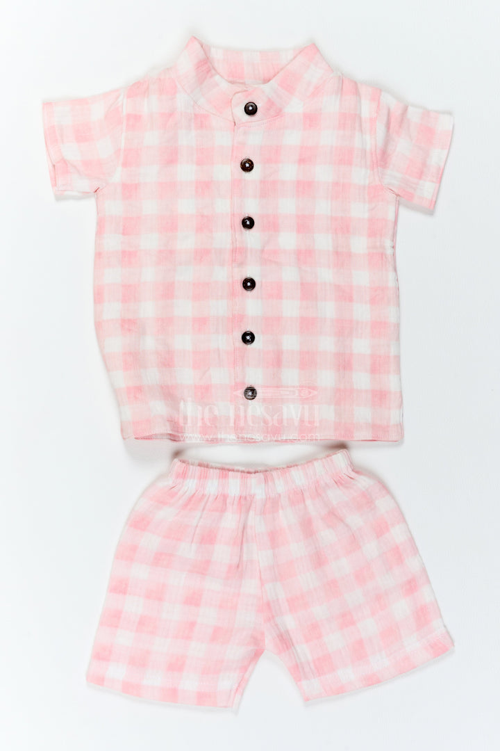 The Nesavu Boys Casual Set Boys Muslin Shirt and Shorts Set for Summer Outings and Playdates Nesavu 10 (NB) / Pink / Muslin BCS617A-10 Nesavu Boys Muslin Shirt And Shorts Set For Summer Outings Playdates Holidays And Casual Weekends