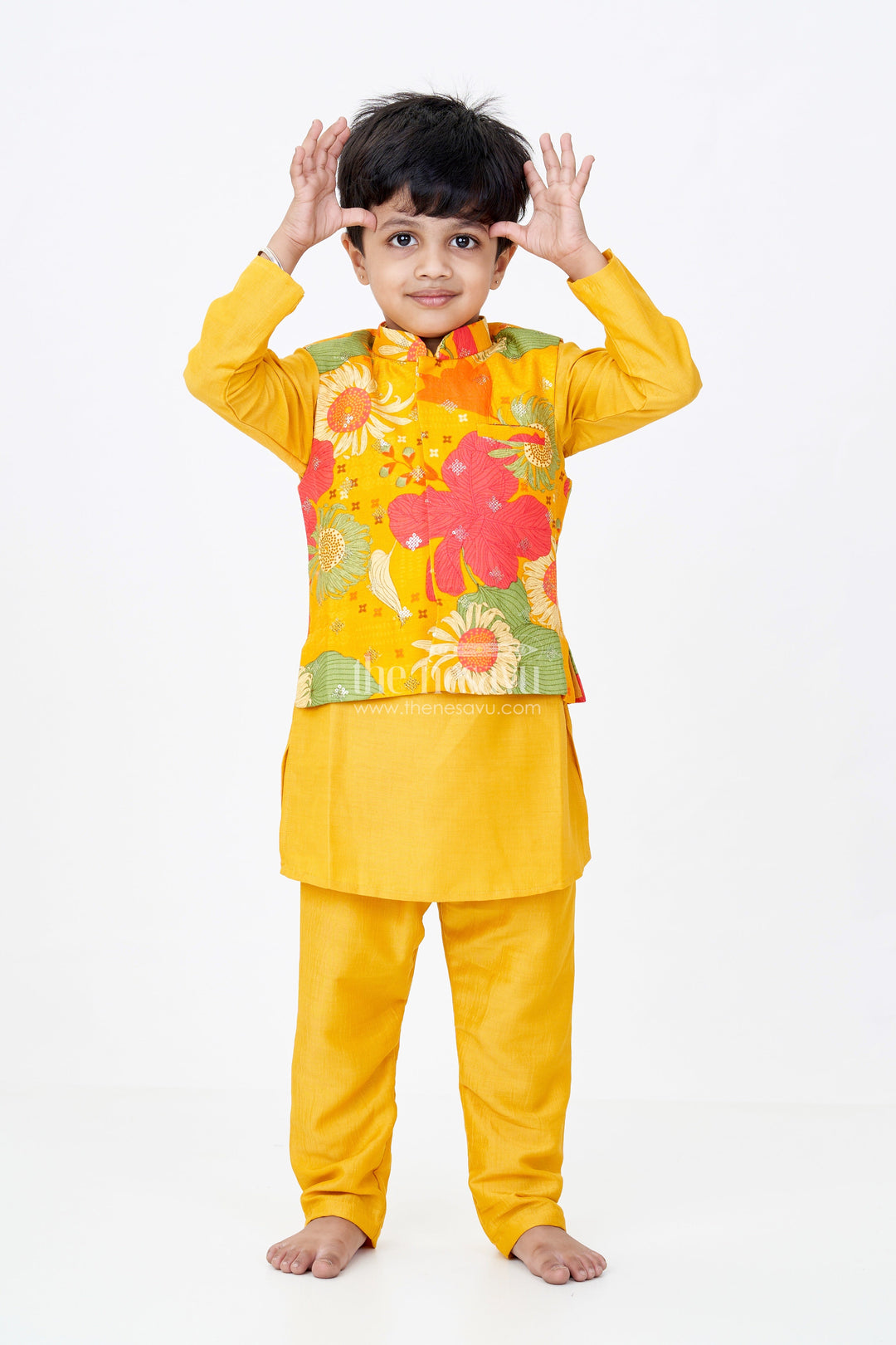 The Nesavu Boys Kurtha Set Boys Mustard Color Kurta Set with Floral Print Jacket and Sequin Embroidery in Viscose Blend Fabric Nesavu 16 (1Y) / Yellow BES662B-16 Boys Mustard Color Kurta Set Floral Embroidered Jacket Viscose Blend Fabric | The Nesavu