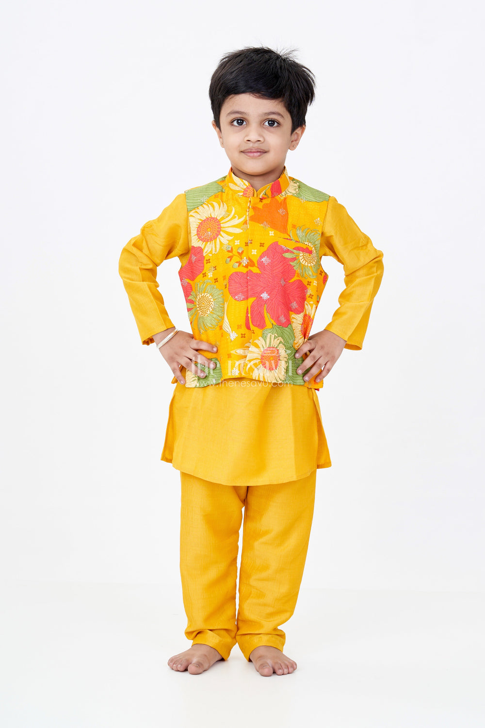 The Nesavu Boys Kurtha Set Boys Mustard Color Kurta Set with Floral Print Jacket and Sequin Embroidery in Viscose Blend Fabric Nesavu Nesavu Boys Mustard Color Kurta Set Floral Embroidered Jacket Viscose Blend Fabric