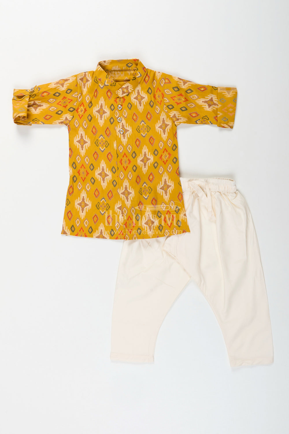 The Nesavu Boys Kurtha Set Boys mustard ikat print kurta and ivory pants set Nesavu 12 (3M) / Yellow BES877A-12 Nesavu boys mustard ikat printed viscose modal silk kurta and ivory pant set festive ethnic wear