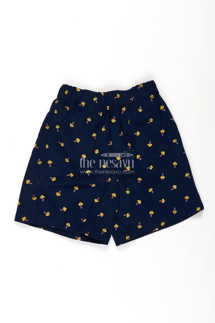 The Nesavu Boys Shorts Boys Navy Blue Best Shorts in Cotton with Yellow Kite Print and Comfy Soft Fit Waistband Nesavu 18 (2Y) / Green BWS037A-18 Nesavu Boys Navy Cotton Best Shorts Yellow Kite Print Comfortable Elastic Fit