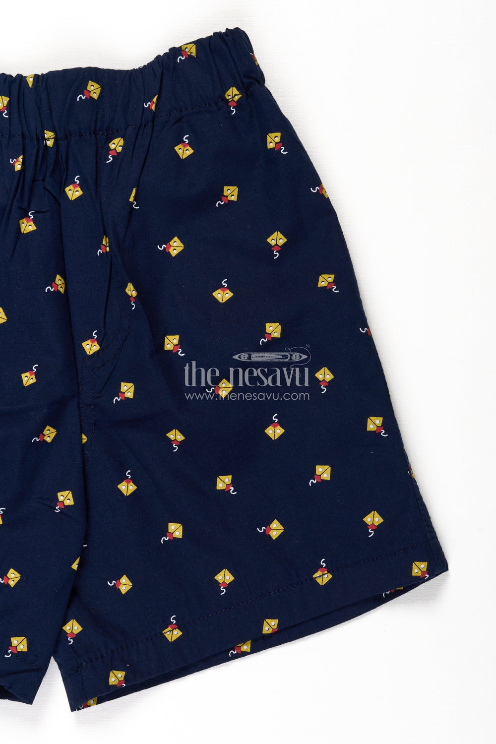 The Nesavu Boys Shorts Boys Navy Blue Best Shorts in Cotton with Yellow Kite Print and Comfy Soft Fit Waistband Nesavu Nesavu Boys Navy Cotton Best Shorts Yellow Kite Print Comfortable Elastic Fit