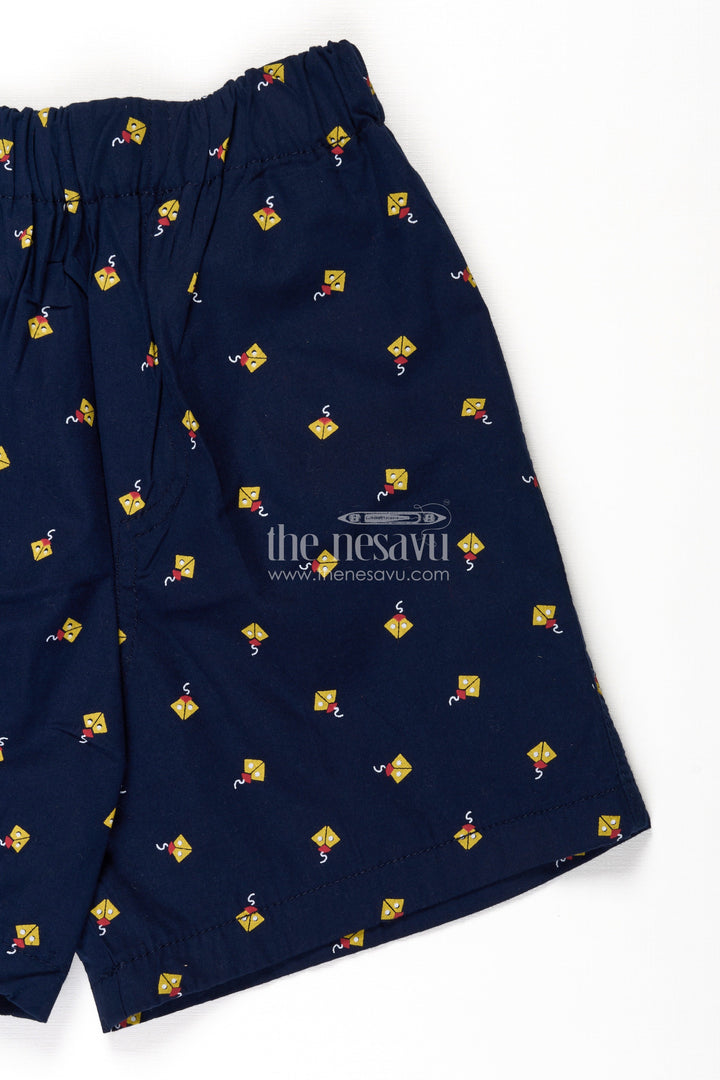 The Nesavu Boys Shorts Boys Navy Blue Best Shorts in Cotton with Yellow Kite Print and Comfy Soft Fit Waistband Nesavu Nesavu Boys Navy Cotton Best Shorts Yellow Kite Print Comfortable Elastic Fit