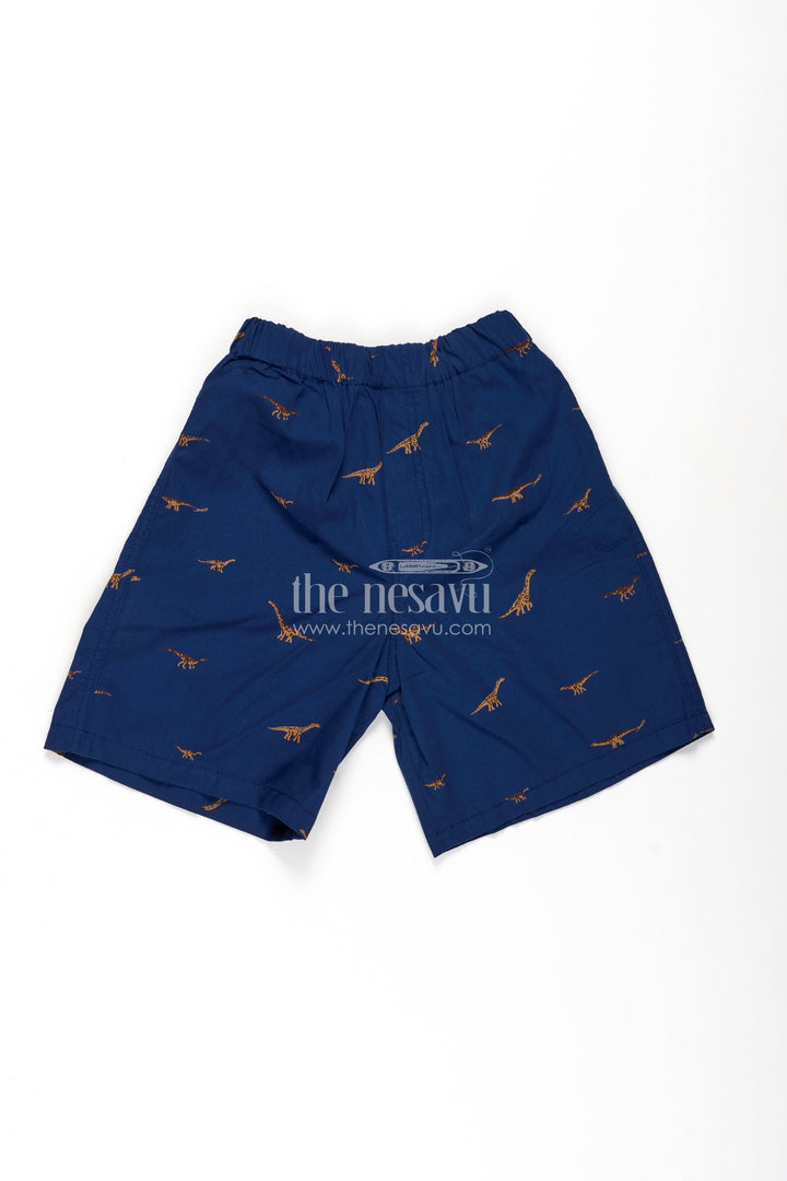 The Nesavu Boys Shorts Boys Navy Blue Cotton Animal Print Shorts with Dinosaur Motifs and Soft Elastic Fit for Daily Play Nesavu 18 (2Y) / Blue BWS051A-18 Nesavu Boys Navy Cotton Animal Print Shorts Dinosaur Design Comfortable Everyday Fit