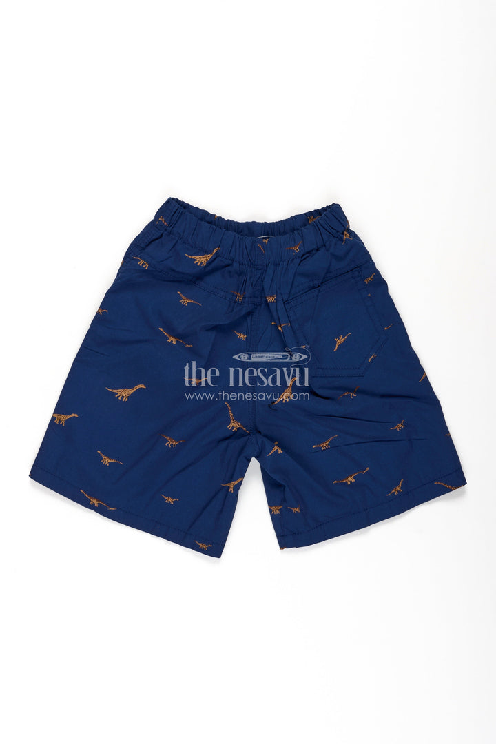 The Nesavu Boys Shorts Boys Navy Blue Cotton Animal Print Shorts with Dinosaur Motifs and Soft Elastic Fit for Daily Play Nesavu Nesavu Boys Navy Cotton Animal Print Shorts Dinosaur Design Comfortable Everyday Fit