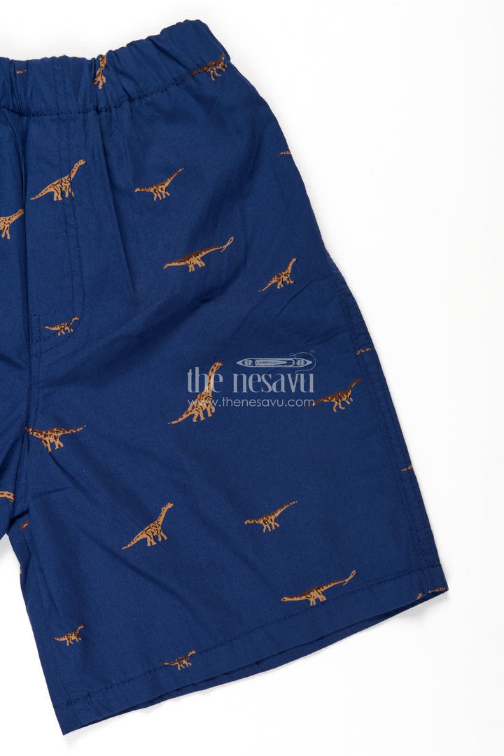 The Nesavu Boys Shorts Boys Navy Blue Cotton Animal Print Shorts with Dinosaur Motifs and Soft Elastic Fit for Daily Play Nesavu Nesavu Boys Navy Cotton Animal Print Shorts Dinosaur Design Comfortable Everyday Fit
