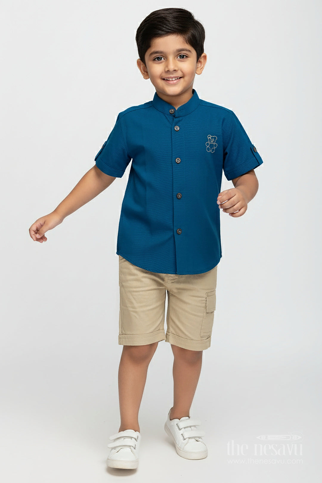 The Nesavu Boys Casual Set Boys Navy Blue Cotton Shirt with Olive Shorts Set Nesavu 14 (6M) / Blue BCS371B-14 Nesavu Boys Navy Cotton Shirt Olive Green Shorts Set Playdates Travel Casual Events