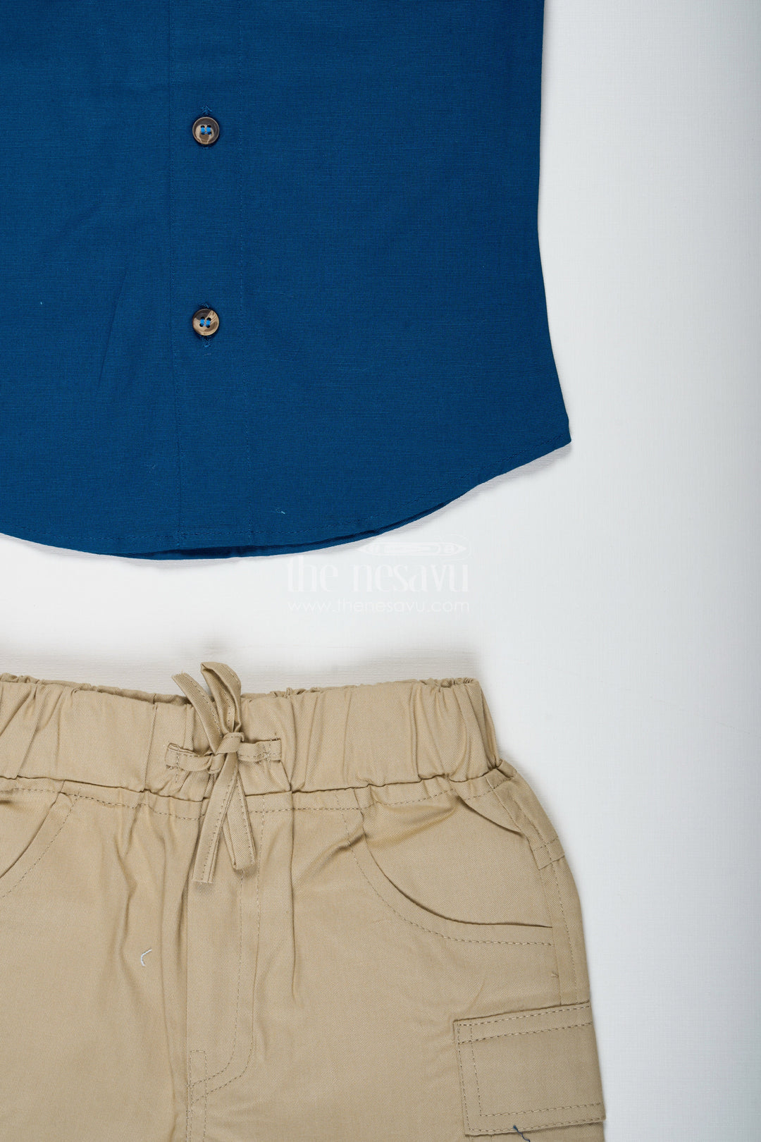 The Nesavu Boys Casual Set Boys Navy Blue Cotton Shirt with Olive Shorts Set Nesavu Nesavu Boys Navy Cotton Shirt Olive Green Shorts Set Playdates Travel Casual Events