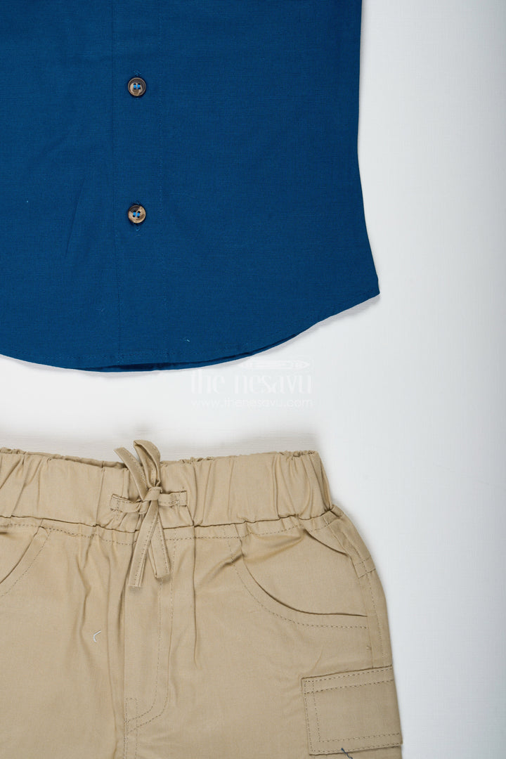 The Nesavu Boys Casual Set Boys Navy Blue Cotton Shirt with Olive Shorts Set Nesavu Nesavu Boys Navy Cotton Shirt Olive Green Shorts Set Playdates Travel Casual Events