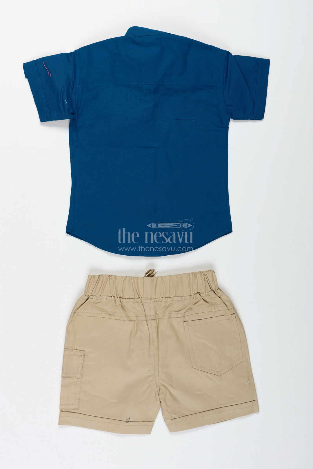 The Nesavu Boys Casual Set Boys Navy Blue Cotton Shirt with Olive Shorts Set Nesavu Nesavu Boys Navy Cotton Shirt Olive Green Shorts Set Playdates Travel Casual Events