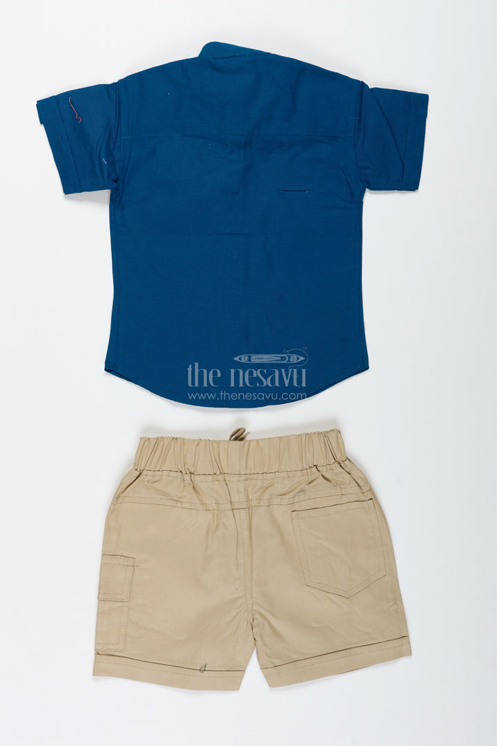 The Nesavu Boys Casual Set Boys Navy Blue Cotton Shirt with Olive Shorts Set Nesavu Nesavu Boys Navy Cotton Shirt Olive Green Shorts Set Playdates Travel Casual Events