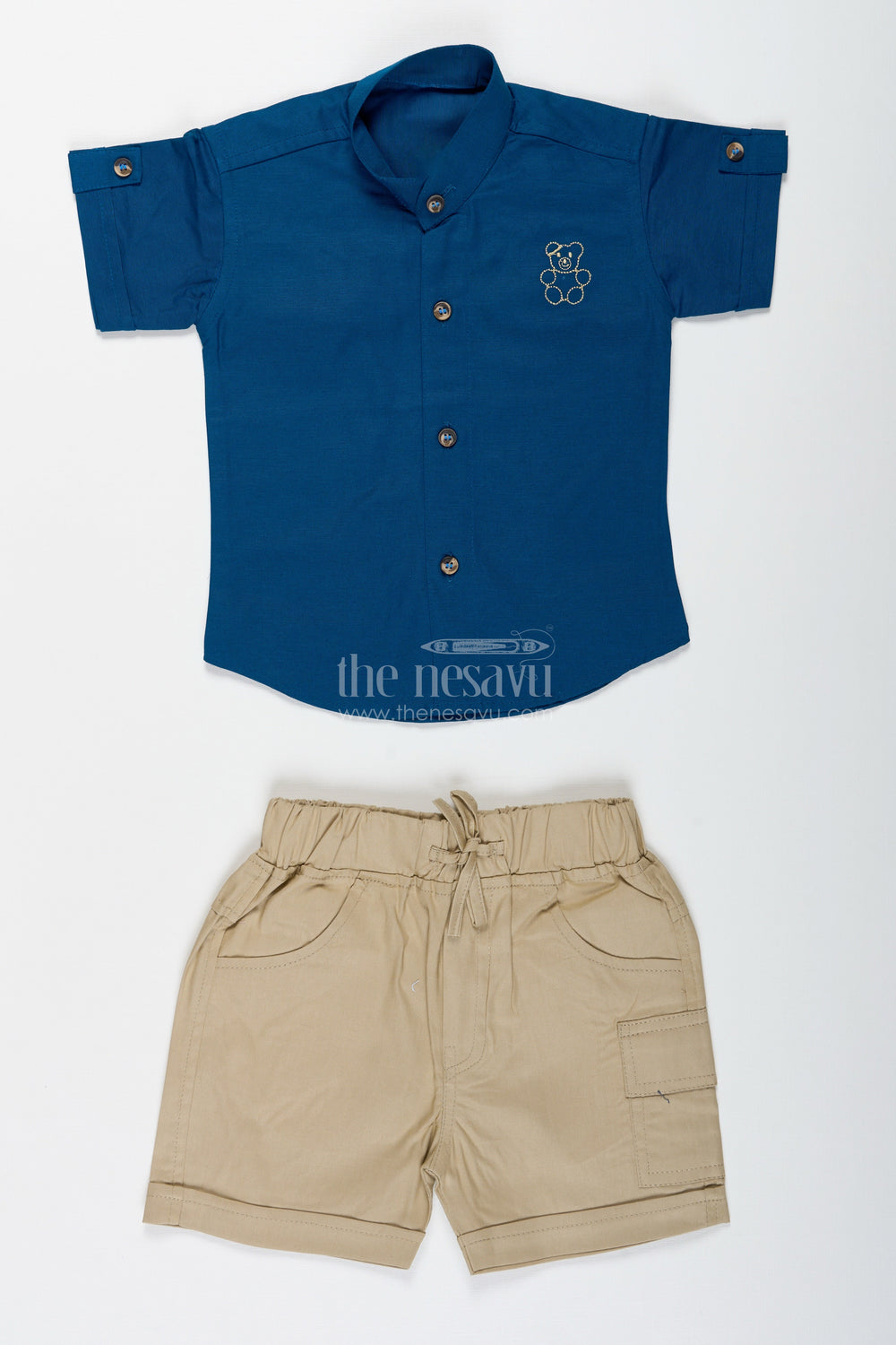 The Nesavu Boys Casual Set Boys Navy Blue Cotton Shirt with Olive Shorts Set Nesavu Nesavu Boys Navy Cotton Shirt Olive Green Shorts Set Playdates Travel Casual Events