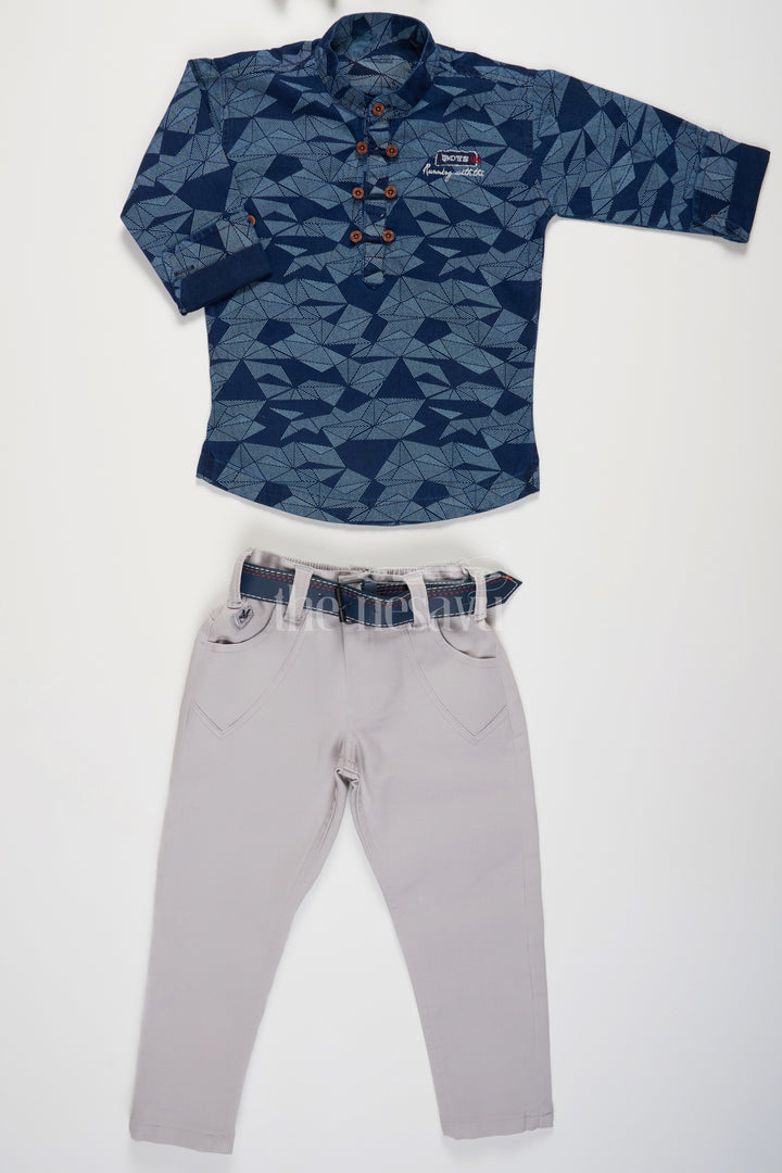 The Nesavu Boys Casual Set Boys Navy Blue Geometric Print Shirt and Light Grey Pants with Belt for Formal Gatherings Nesavu 16 (1Y) / Blue BCS169A-16 Nesavu Boys Formal Outfit Navy Geometric Print Shirt Light Grey Pants Special Occasions