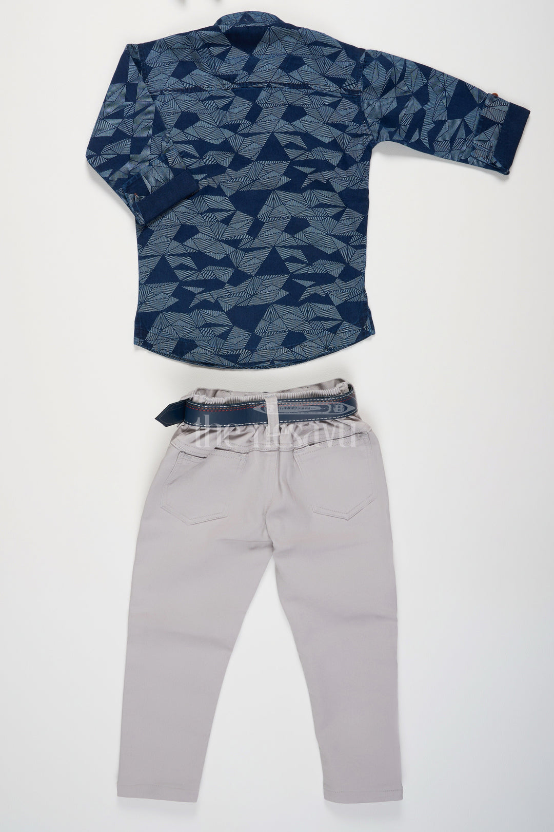 The Nesavu Boys Casual Set Boys Navy Blue Geometric Print Shirt and Light Grey Pants with Belt for Formal Gatherings Nesavu Nesavu Boys Formal Outfit Navy Geometric Print Shirt Light Grey Pants Special Occasions