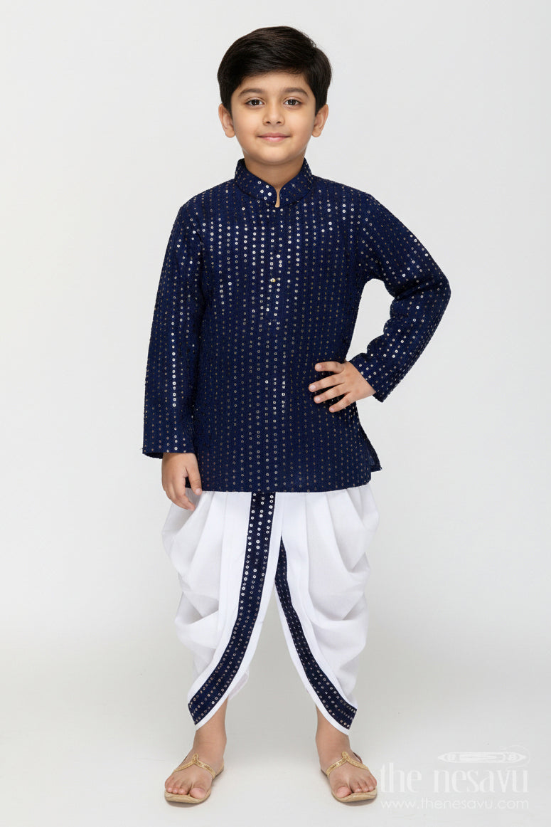 The Nesavu Boys Kurtha Set Boys Navy Blue Sequin Kurta Set for Weddings and Festive Occasions Nesavu 12 (3M) / Blue BES773A-12 Nesavu navy blue sequin kurta dhoti set boys  ideal weddings festive celebrations