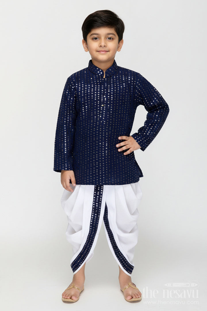 The Nesavu Boys Kurtha Set Boys Navy Blue Sequin Kurta Set for Weddings and Festive Occasions Nesavu 12 (3M) / Blue BES773A-12 Nesavu navy blue sequin kurta dhoti set boys  ideal weddings festive celebrations