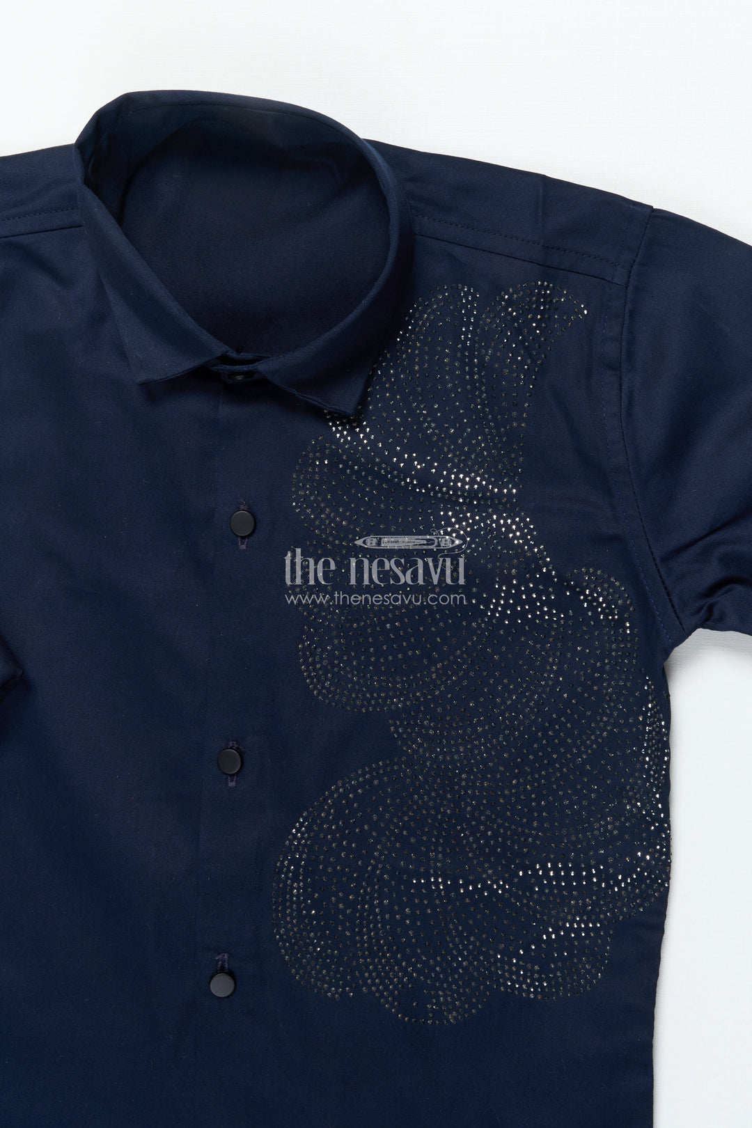 The Nesavu Boys Cotton Shirt Boys Navy Blue Shirt with Silver Abstract Print Cotton Blend formal Wear Nesavu Boys navy blue shirt abstract print cotton blend formal shirt events