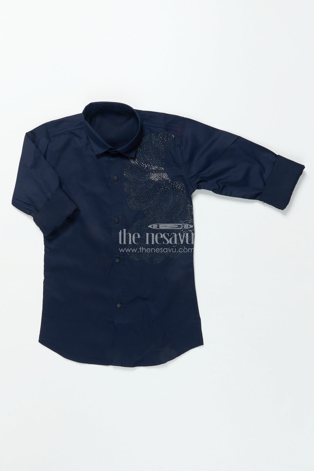 The Nesavu Boys Cotton Shirt Boys Navy Blue Shirt with Silver Abstract Print Cotton Blend formal Wear Nesavu Boys navy blue shirt abstract print cotton blend formal shirt events