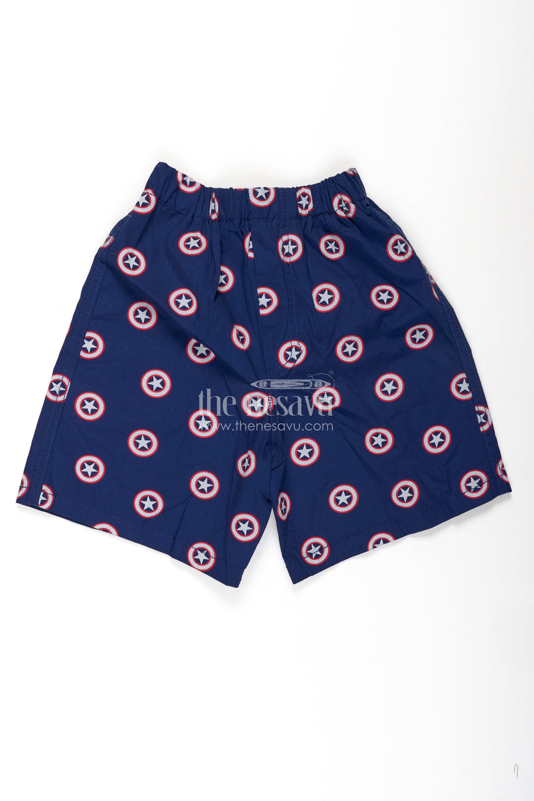 The Nesavu Boys Shorts Boys Navy Cotton Patterned Shorts with Star Emblem Design and Soft Stretch Waistband Nesavu 18 (2Y) / Blue BWS057A-18 Nesavu Boys Navy Cotton Patterned Shorts Star Emblems Comfortable Fit Active Wear