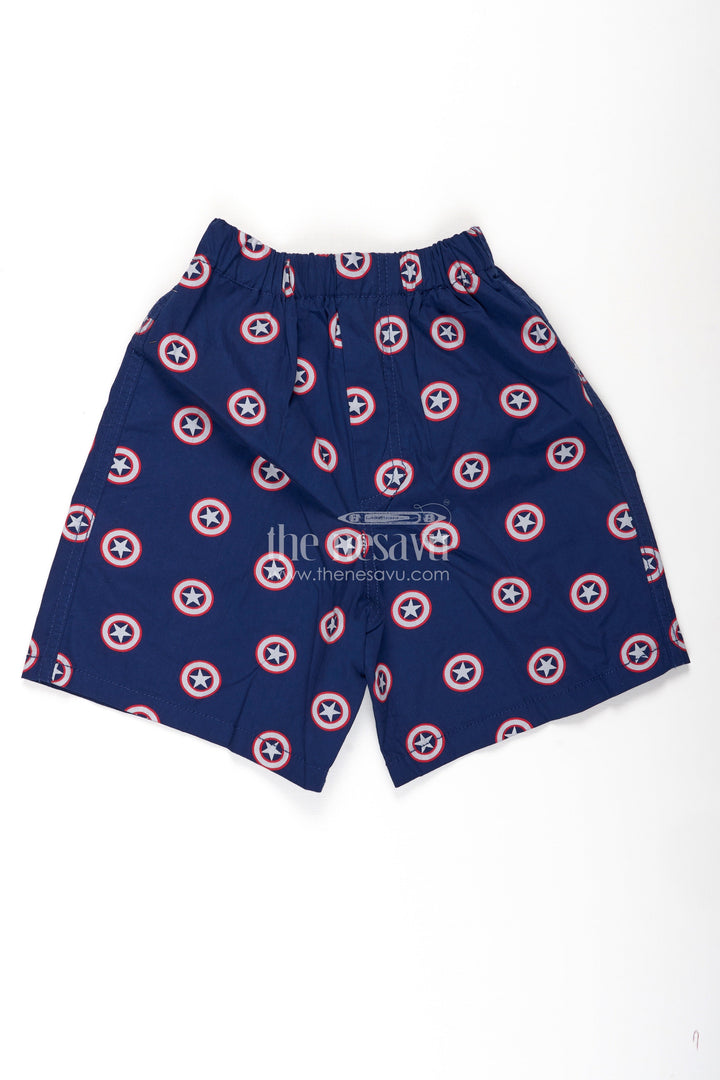 The Nesavu Boys Shorts Boys Navy Cotton Patterned Shorts with Star Emblem Design and Soft Stretch Waistband Nesavu 18 (2Y) / Blue BWS057A-18 Nesavu Boys Navy Cotton Patterned Shorts Star Emblems Comfortable Fit Active Wear
