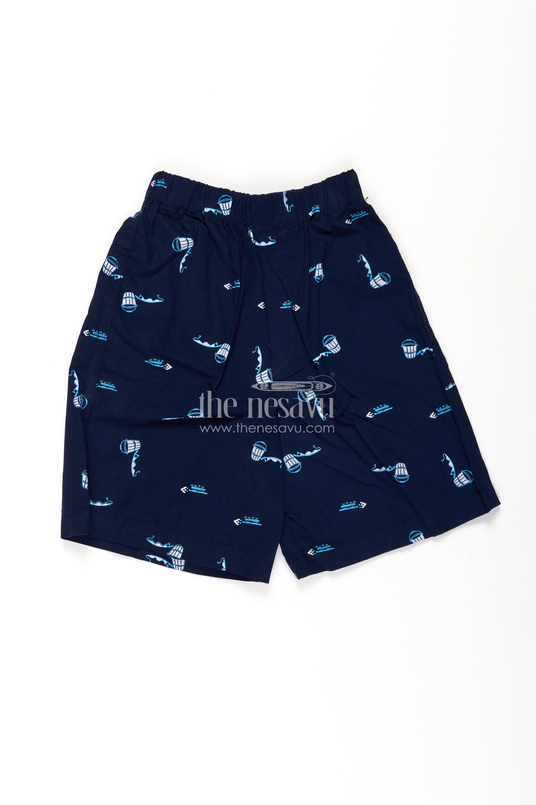 The Nesavu Boys Shorts Boys Navy Cotton Shorts with Print Featuring Marine Elements and Soft Elastic Waist for Everyday Wear Nesavu 18 (2Y) / Blue BWS055A-18 Nesavu Boys Cotton Marine Theme Shorts Print Comfortable Fit Casual Summer Days