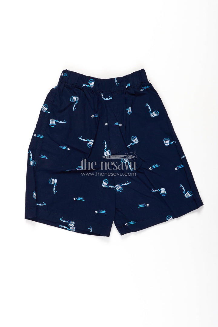 The Nesavu Boys Shorts Boys Navy Cotton Shorts with Print Featuring Marine Elements and Soft Elastic Waist for Everyday Wear Nesavu 18 (2Y) / Blue BWS055A-18 Nesavu Boys Cotton Marine Theme Shorts Print Comfortable Fit Casual Summer Days