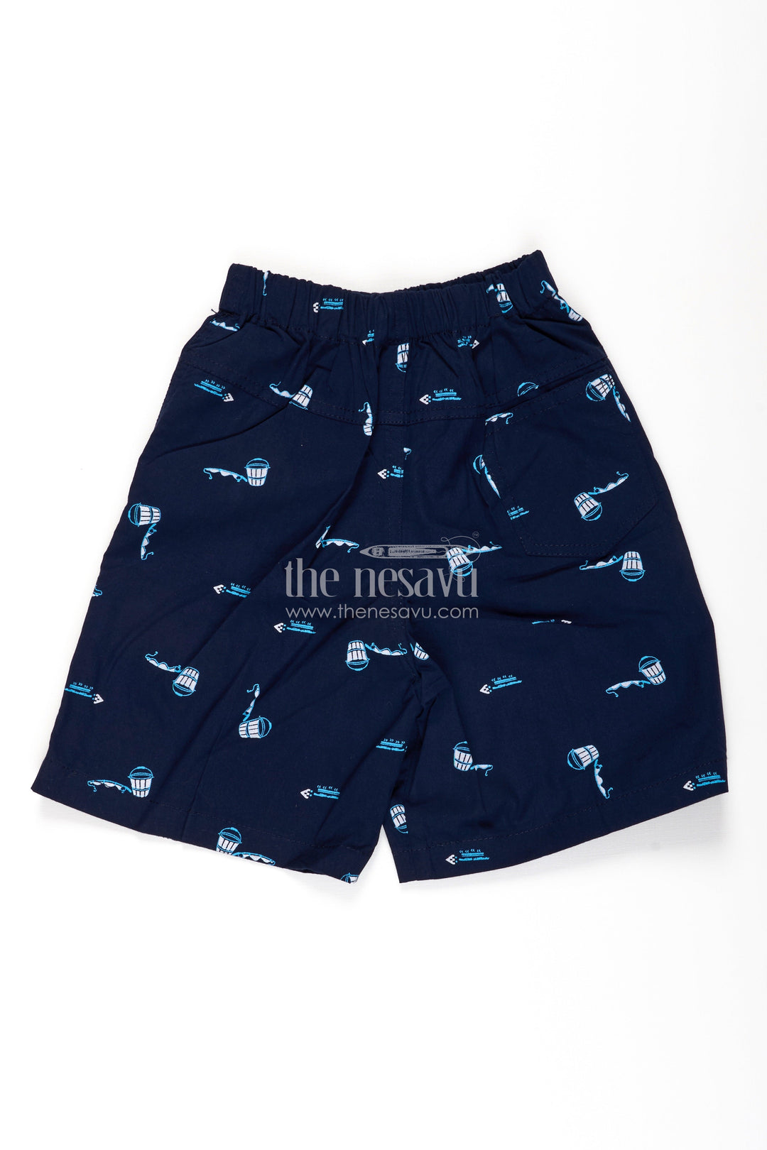 The Nesavu Boys Shorts Boys Navy Cotton Shorts with Print Featuring Marine Elements and Soft Elastic Waist for Everyday Wear Nesavu Nesavu Boys Cotton Marine Theme Shorts Print Comfortable Fit Casual Summer Days