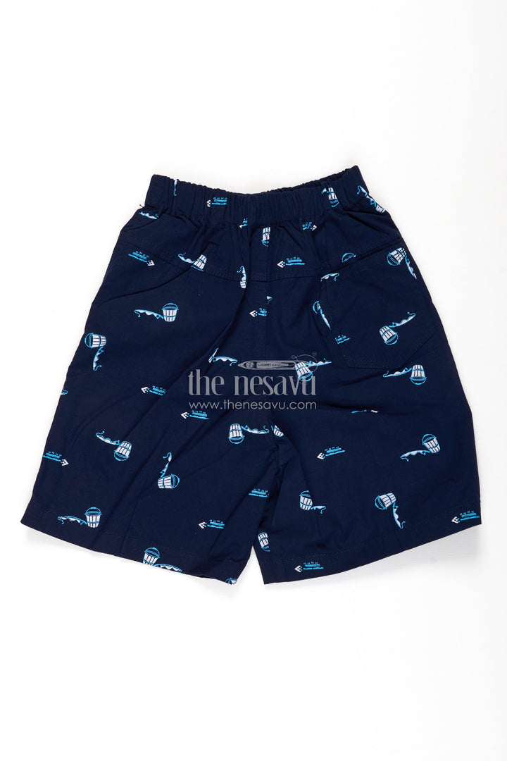The Nesavu Boys Shorts Boys Navy Cotton Shorts with Print Featuring Marine Elements and Soft Elastic Waist for Everyday Wear Nesavu Nesavu Boys Cotton Marine Theme Shorts Print Comfortable Fit Casual Summer Days