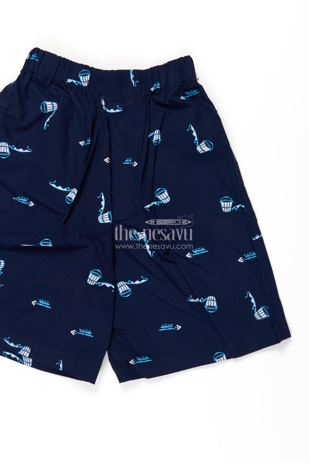 The Nesavu Boys Shorts Boys Navy Cotton Shorts with Print Featuring Marine Elements and Soft Elastic Waist for Everyday Wear Nesavu Nesavu Boys Cotton Marine Theme Shorts Print Comfortable Fit Casual Summer Days