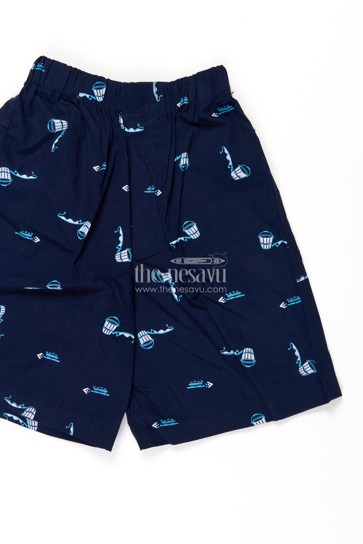 The Nesavu Boys Shorts Boys Navy Cotton Shorts with Print Featuring Marine Elements and Soft Elastic Waist for Everyday Wear Nesavu Nesavu Boys Cotton Marine Theme Shorts Print Comfortable Fit Casual Summer Days