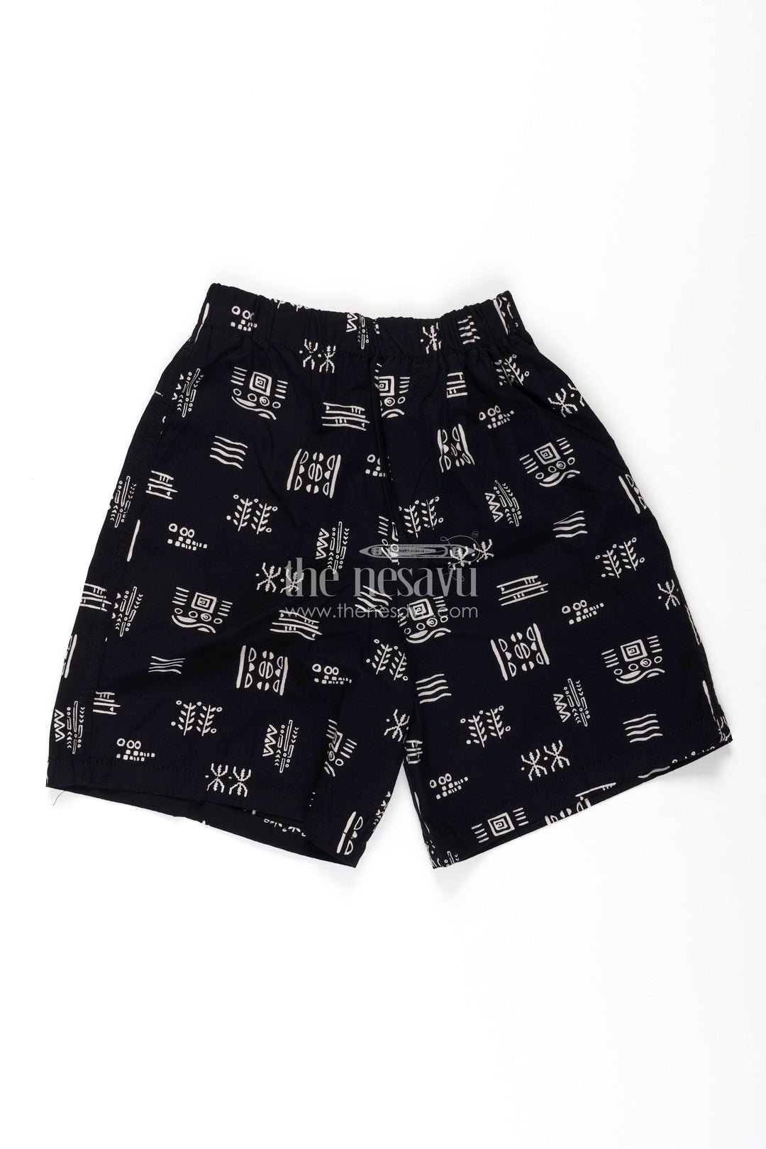 The Nesavu Boys Shorts Boys Navy Cotton Tiny Shorts with Abstract Tribal Digital Print and All Day Soft Fit Waistband Nesavu 18 (2Y) / Black BWS045A-18 Nesavu Boys Navy Cotton Tiny Shorts Tribal Abstract Print Breathable Comfortable Fit