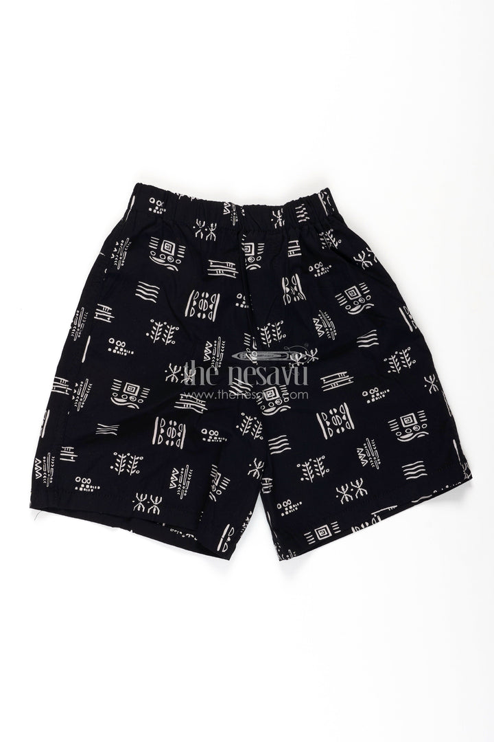 The Nesavu Boys Shorts Boys Navy Cotton Tiny Shorts with Abstract Tribal Digital Print and All Day Soft Fit Waistband Nesavu 18 (2Y) / Black BWS045A-18 Nesavu Boys Navy Cotton Tiny Shorts Tribal Abstract Print Breathable Comfortable Fit