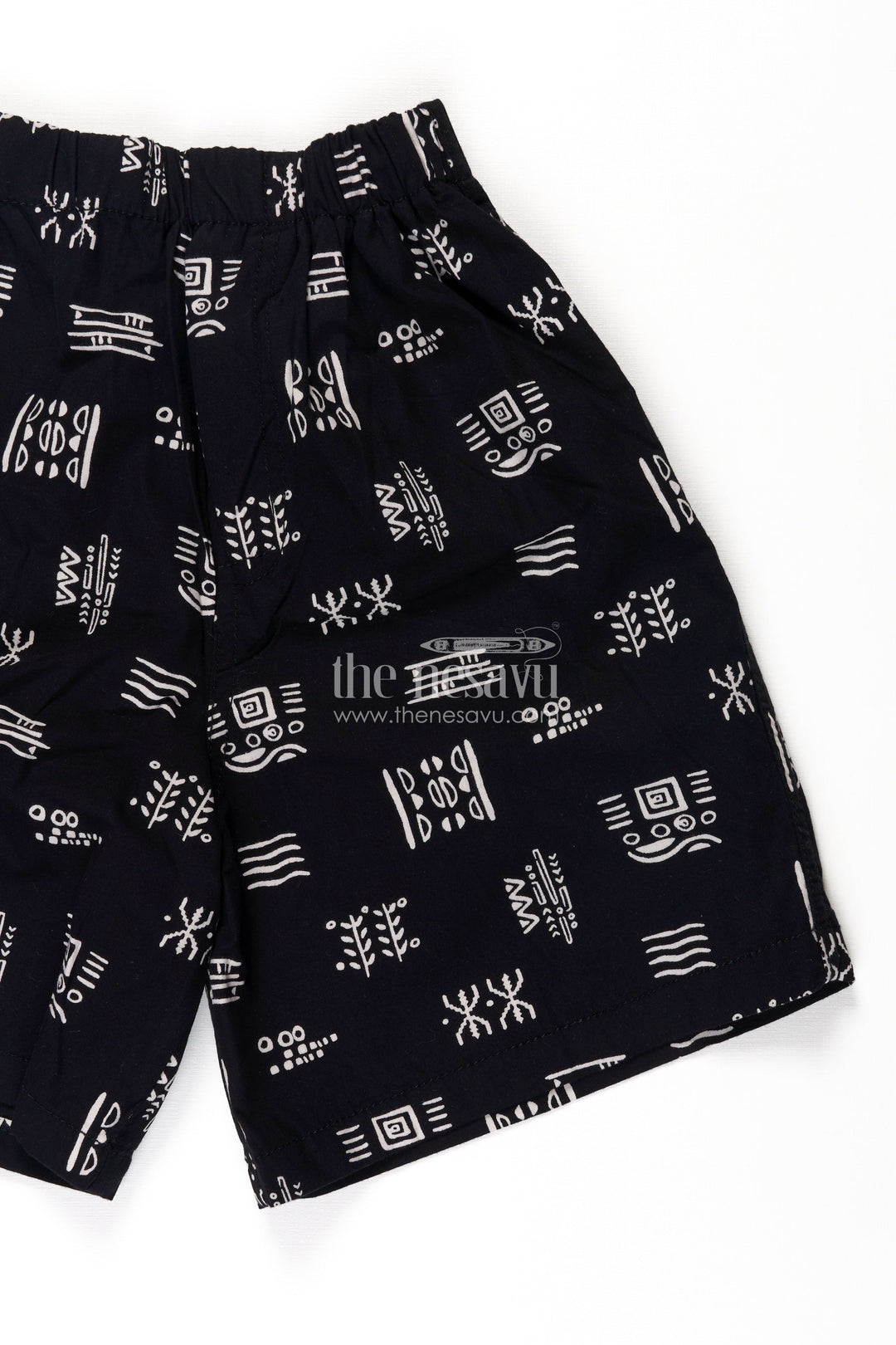 The Nesavu Boys Shorts Boys Navy Cotton Tiny Shorts with Abstract Tribal Digital Print and All Day Soft Fit Waistband Nesavu Nesavu Boys Navy Cotton Tiny Shorts Tribal Abstract Print Breathable Comfortable Fit