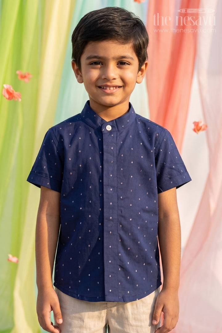 The Nesavu Boys Cotton Shirt Boys Navy Shimmer Butti Shirt with Minimal Motifs for Dressy Evenings Nesavu 14 (6M) / Blue BS313A-14 Nesavu Boys Navy Shimmer Butti Shirt Festive Cotton Shirt Subtle Embroidery